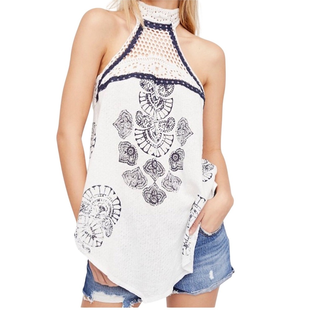 Free People Mandolin Crochet Halter Top Women M White Whimsical Boho Coastal